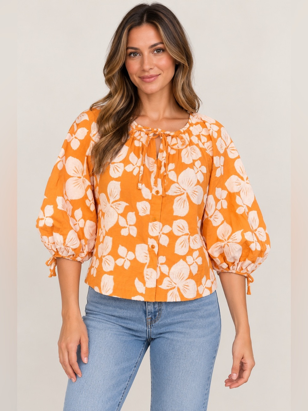 Ted Baker London Orange & White Floral Jacquard Blouse
